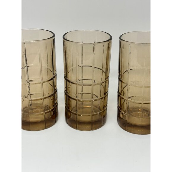VTG Anchor Hocking Tartan Smoke Brown Tea Tumblers Set of 3 MCM 3"x6" Glasses - Picture 2 of 8